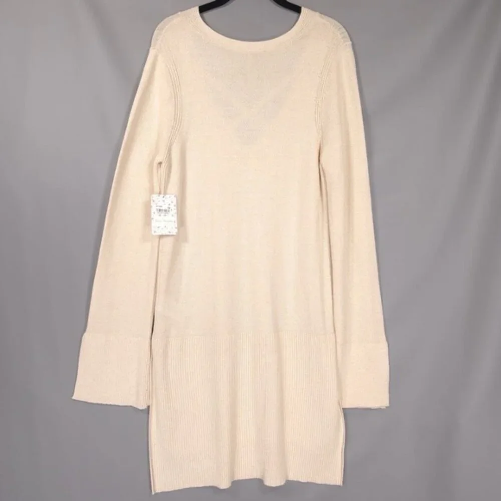 NWT Free People Size LARGE Criss Cross Tunic Sweater V Neck Side Slits Ivory‎